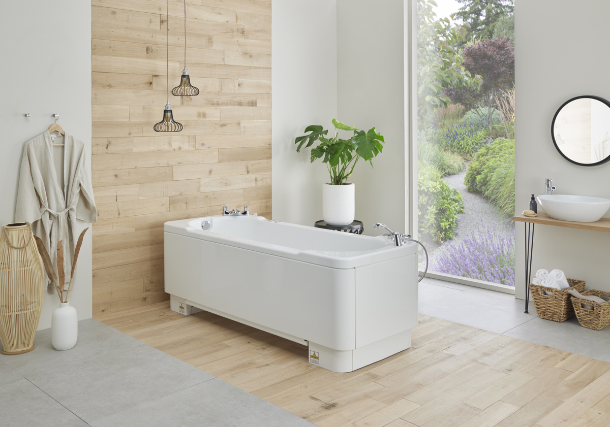 Aries adjustable height bath in lowered position