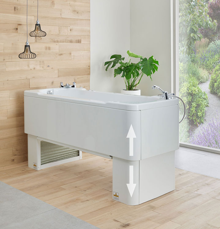 Aries 2000 height adjutable bath raises and lowers the user for easy carer bathing