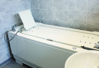 Gemini 2000 height adjustable bath and flexible showerhead in a bathroom